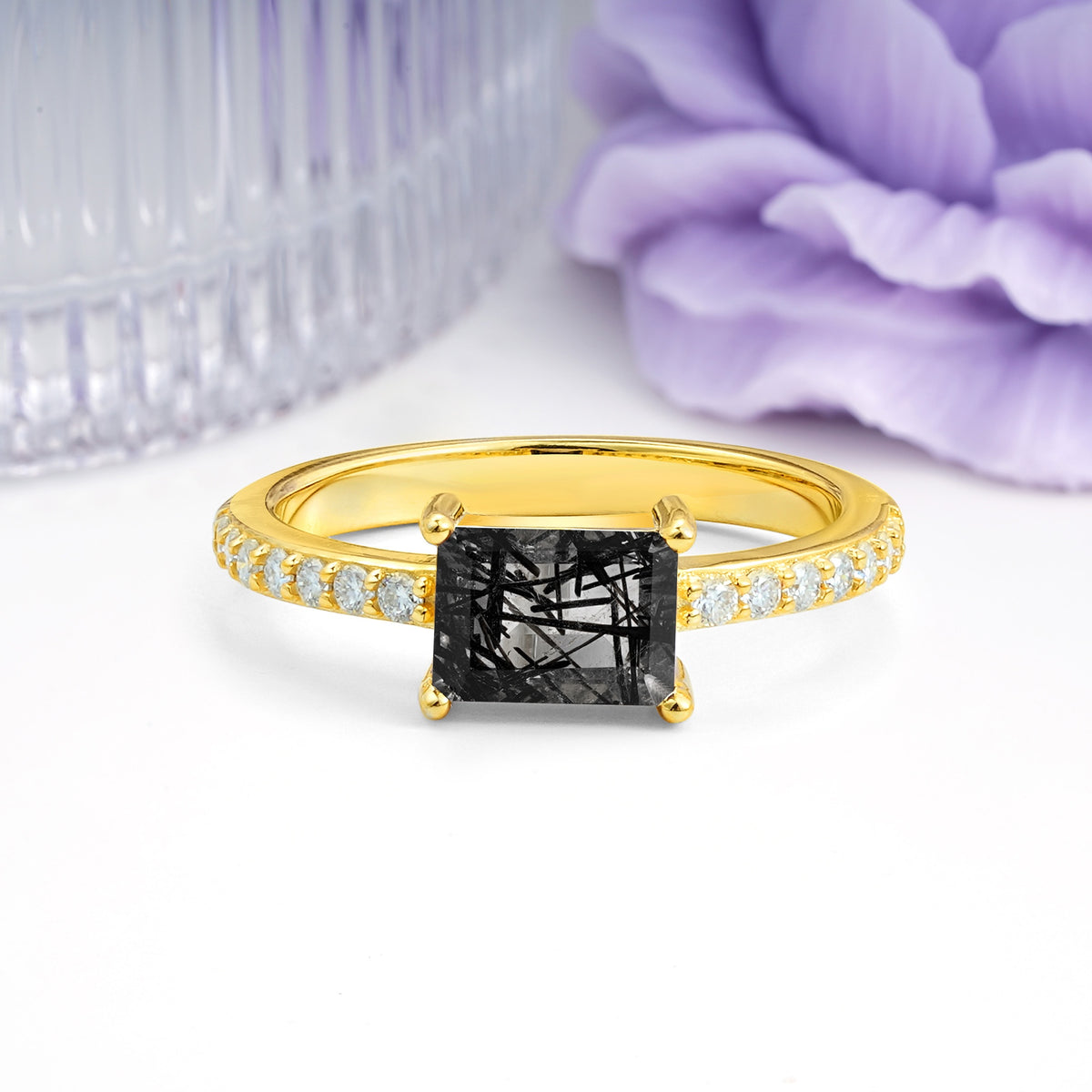 Distinctive And Luxurious 4-Prong Emerald Cut Black Rutilated Quartz Engagement Rin - Additional view