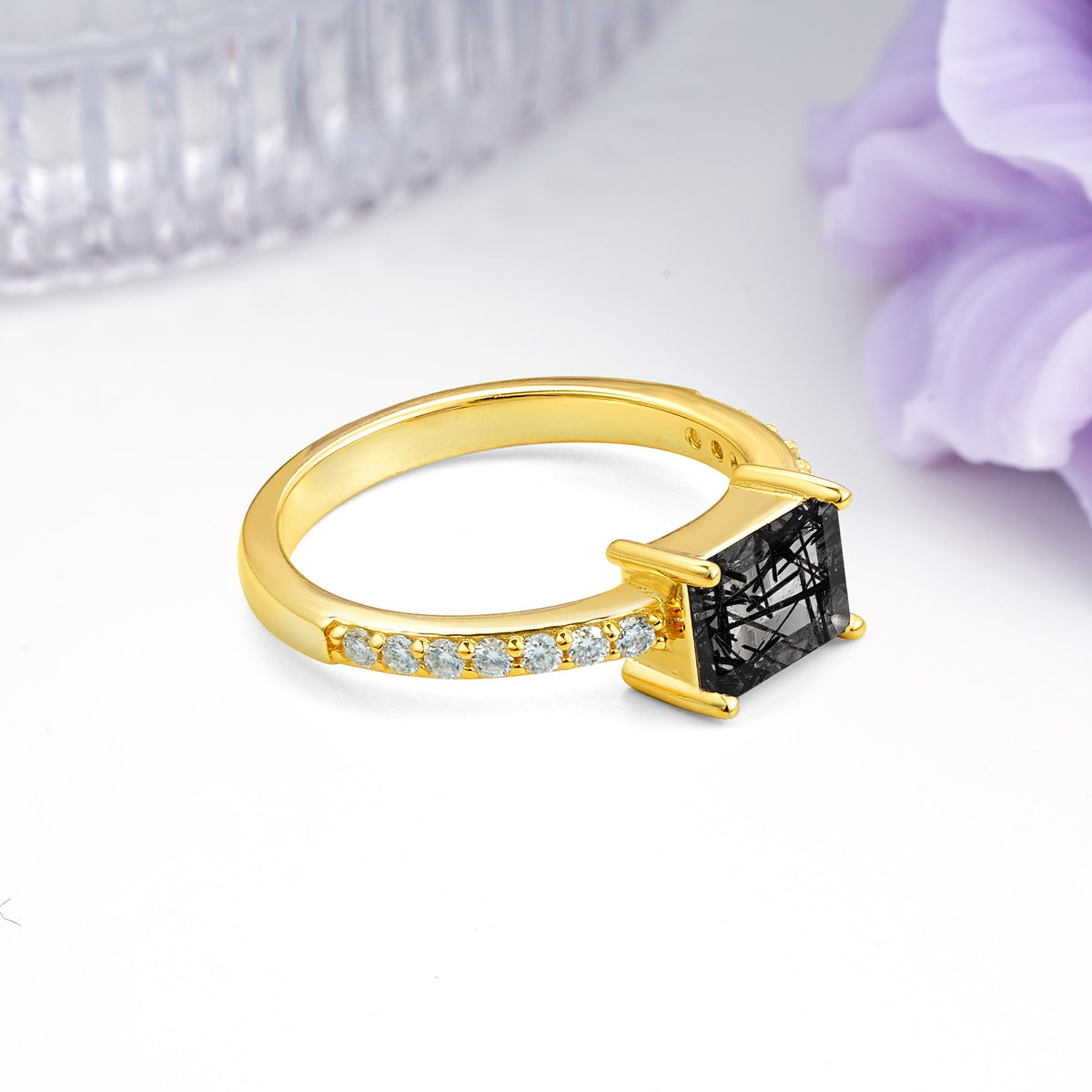 Distinctive And Luxurious 4-Prong Emerald Cut Black Rutilated Quartz Engagement Rin - Additional view