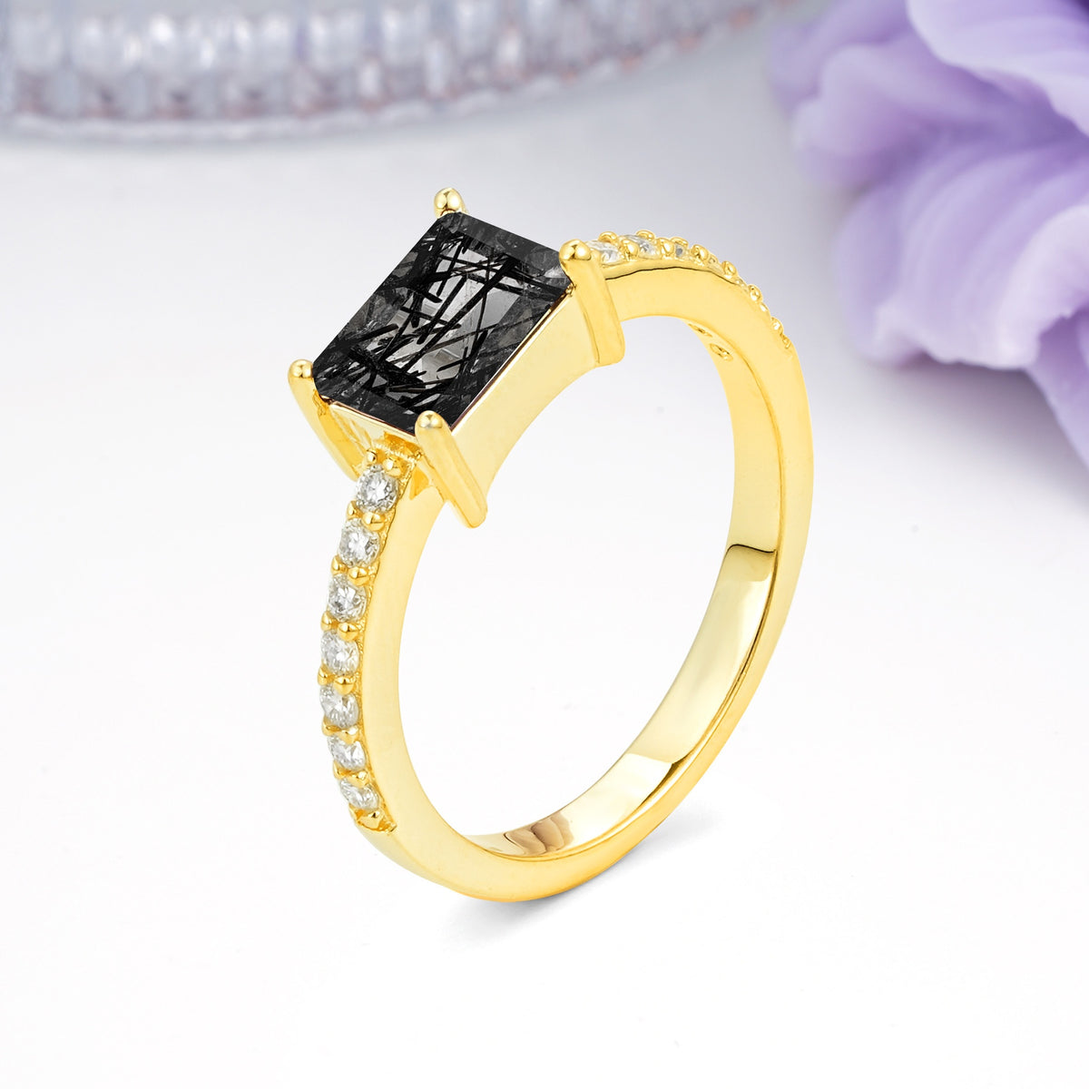 Distinctive And Luxurious 4-Prong Emerald Cut Black Rutilated Quartz Engagement Rin - Additional view