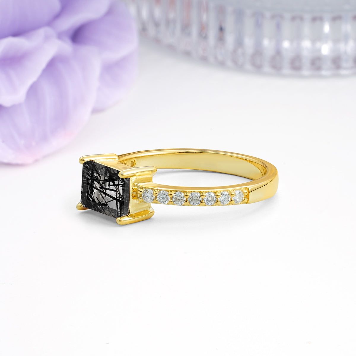 Distinctive And Luxurious 4-Prong Emerald Cut Black Rutilated Quartz Engagement Rin - Additional view