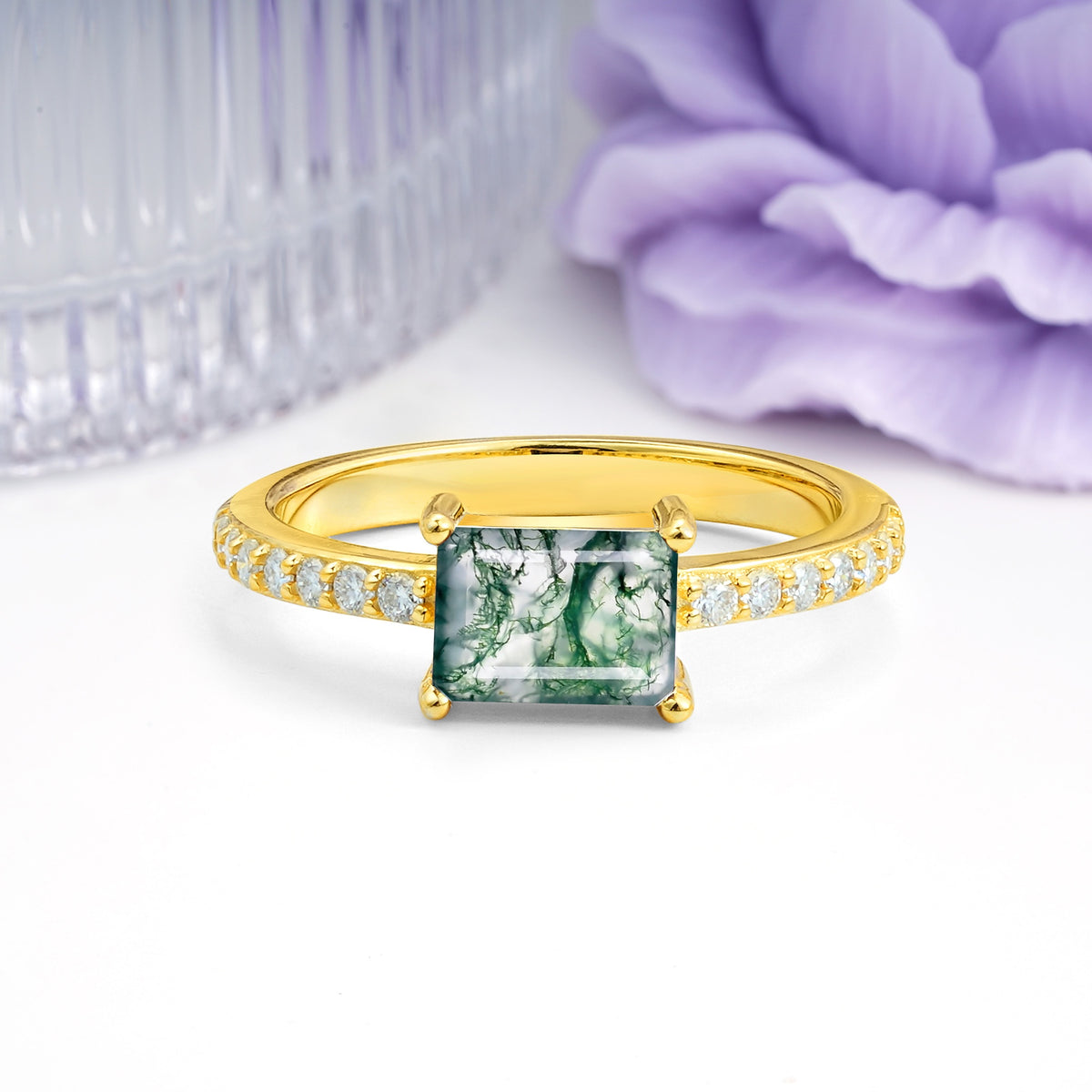 Distinctive And Luxurious 4-Prong Emerald Cut Moss Agate Engagement Rin - Additional view