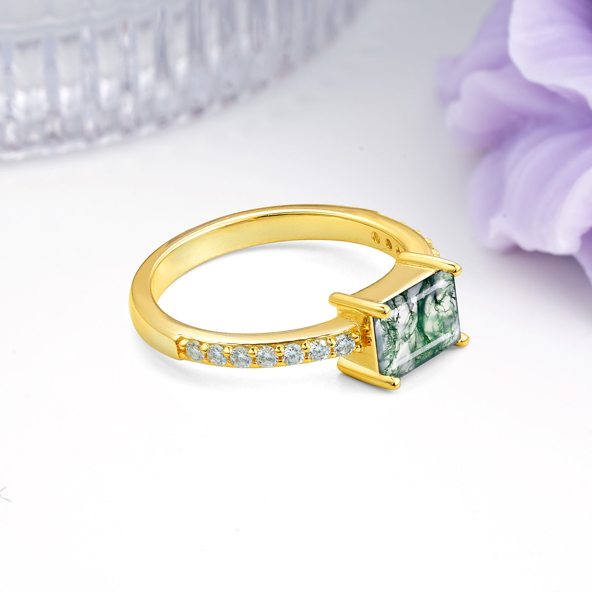Distinctive And Luxurious 4-Prong Emerald Cut Moss Agate Engagement Rin - Additional view