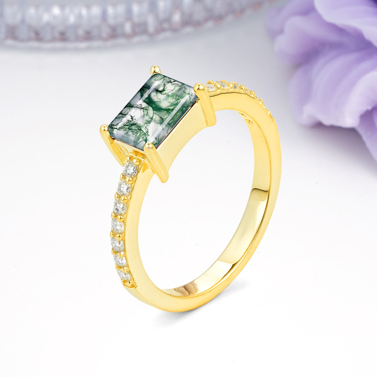 Distinctive And Luxurious 4-Prong Emerald Cut Moss Agate Engagement Rin - Additional view