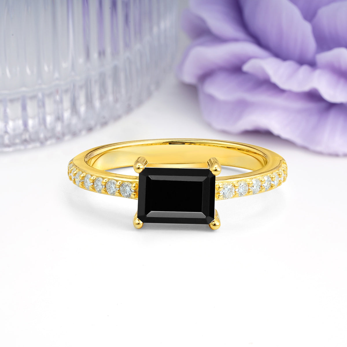 Distinctive And Luxurious 4-Prong Emerald Cut Black Onyx Engagement Rin - Additional view