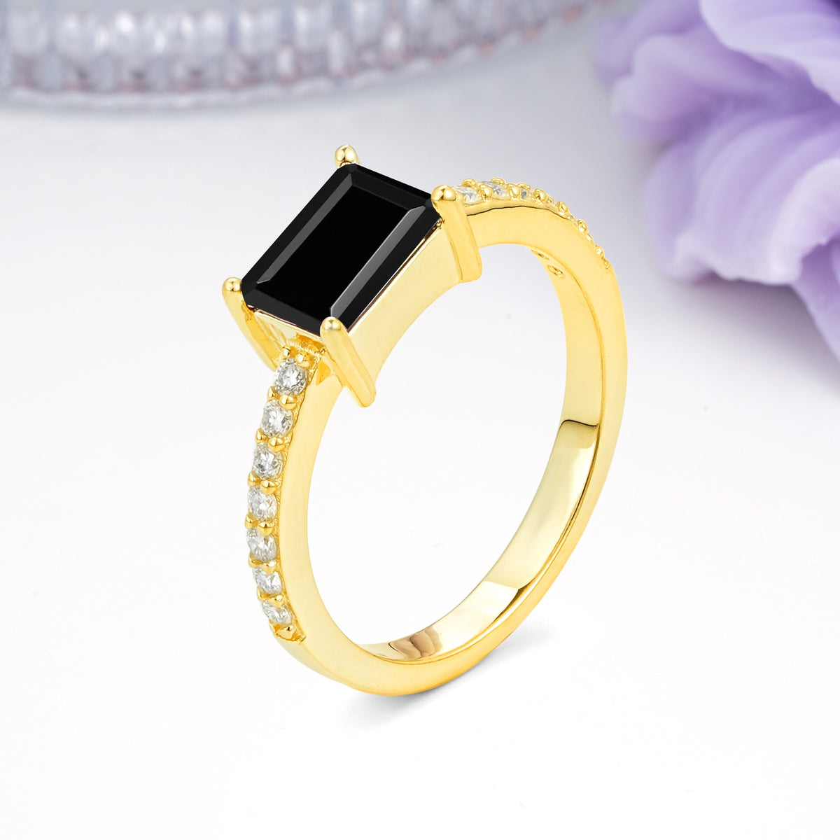 Distinctive And Luxurious 4-Prong Emerald Cut Black Onyx Engagement Rin - Additional view