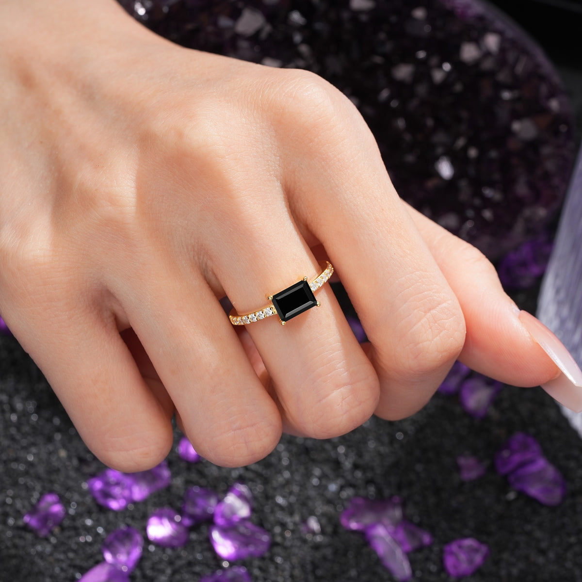 Distinctive And Luxurious 4-Prong Emerald Cut Black Onyx Engagement Rin - Additional view