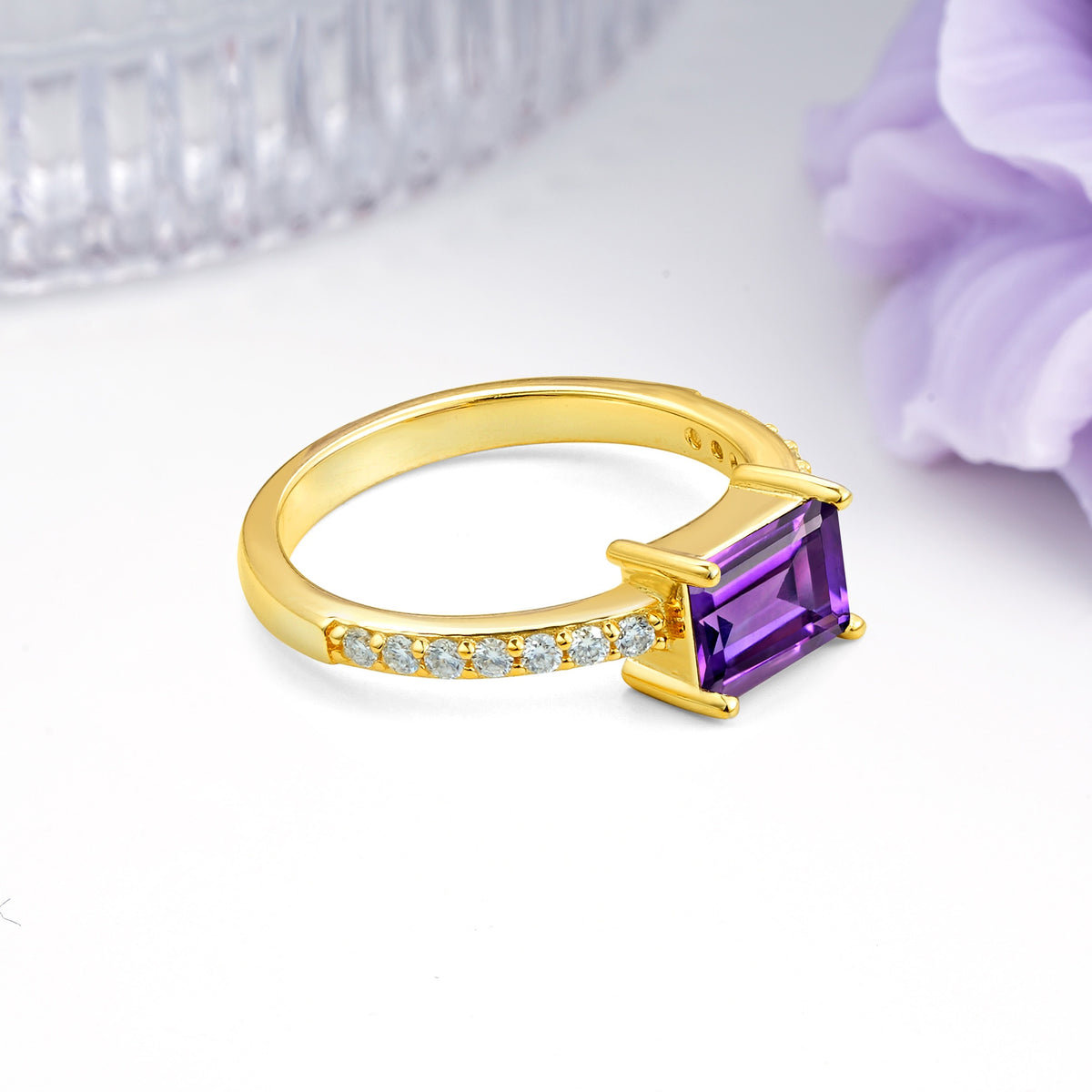 Distinctive And Luxurious 4-Prong Emerald Cut Amethyst Engagement Rin - Additional view