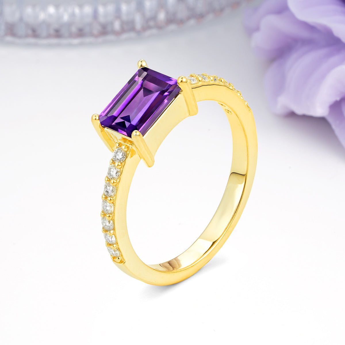 Distinctive And Luxurious 4-Prong Emerald Cut Amethyst Engagement Rin - Additional view