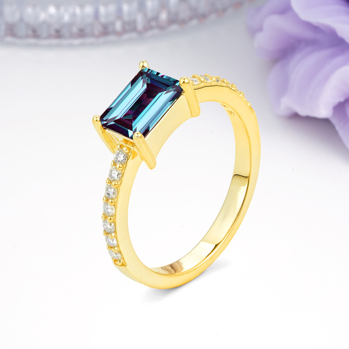 Distinctive And Luxurious 4-Prong Emerald Cut Alexandrite Engagement Rin - Additional view