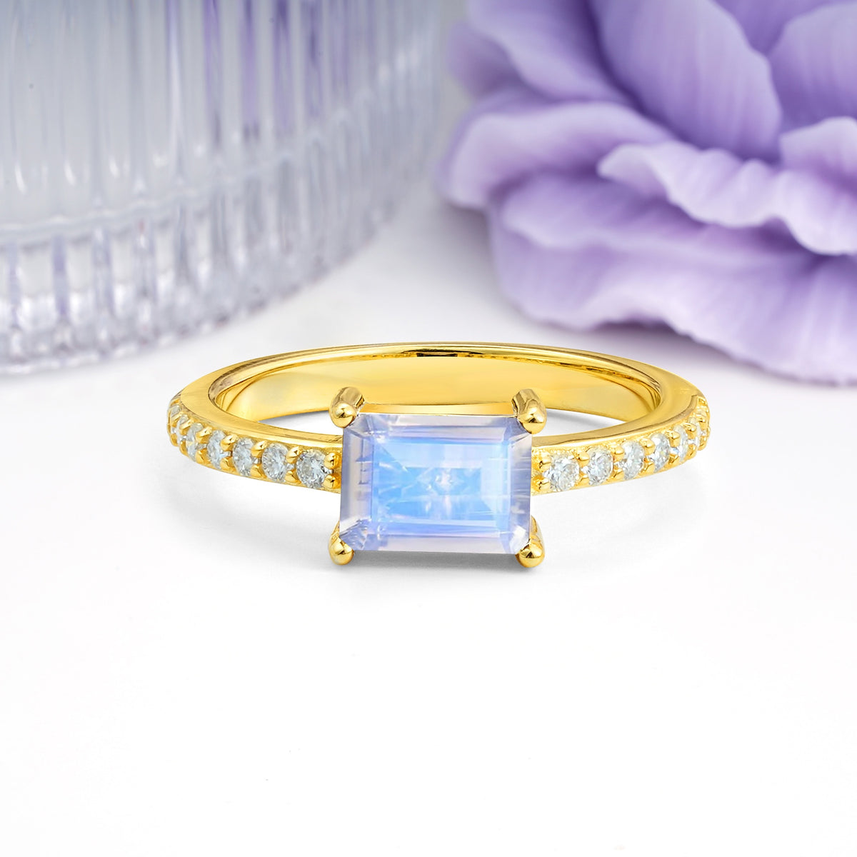 Distinctive And Luxurious 4-Prong Emerald Cut Moonstone Engagement Rin - Additional view