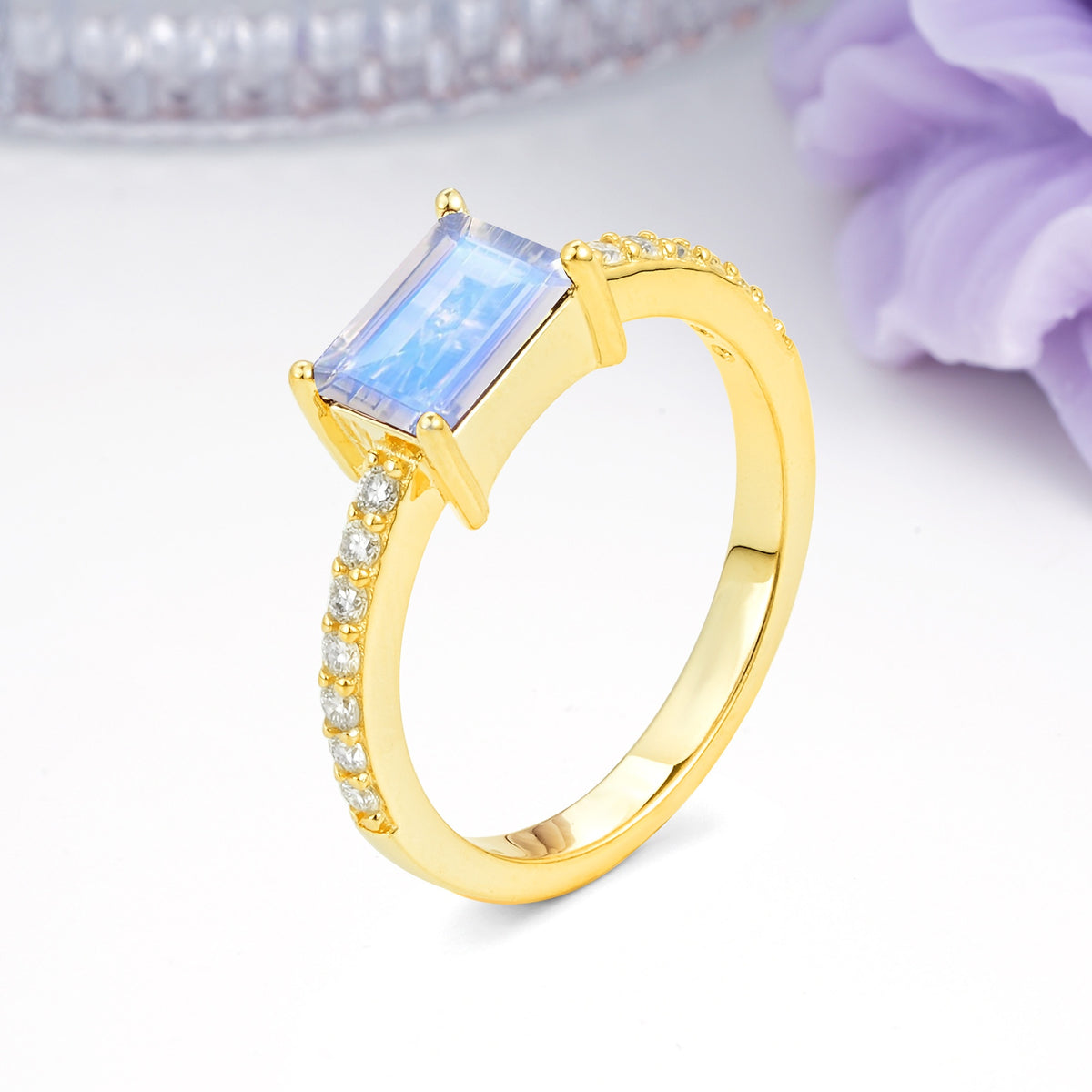 Distinctive And Luxurious 4-Prong Emerald Cut Moonstone Engagement Rin - Additional view