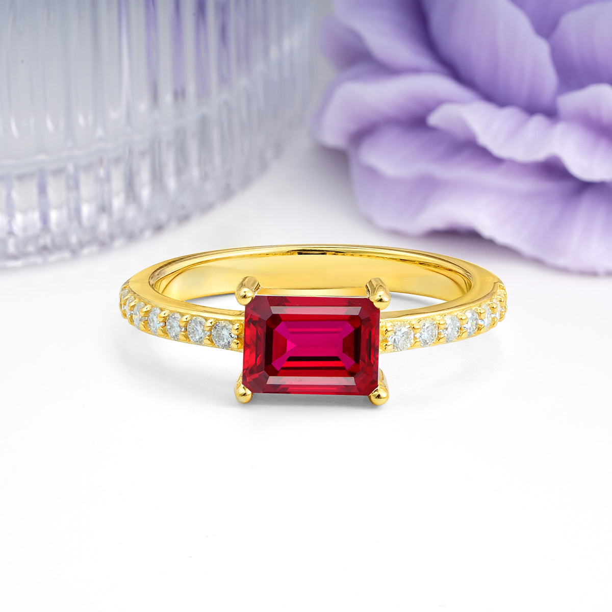 Distinctive And Luxurious 4-Prong Emerald Cut Ruby Engagement Rin - Additional view
