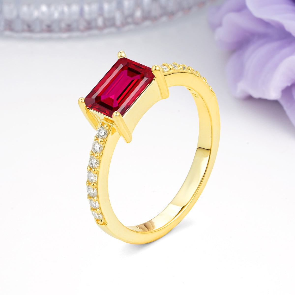 Distinctive And Luxurious 4-Prong Emerald Cut Ruby Engagement Rin - Additional view