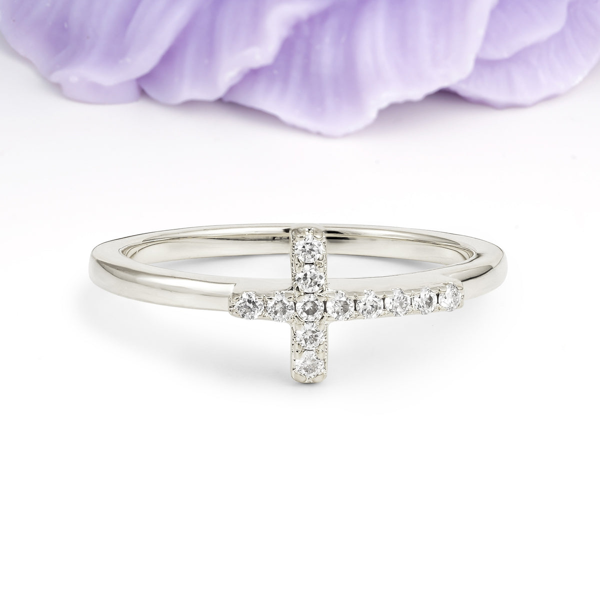 Soft Minimal Full Pave Christian Cross Faith Moissanite Wedding Ring - Additional view