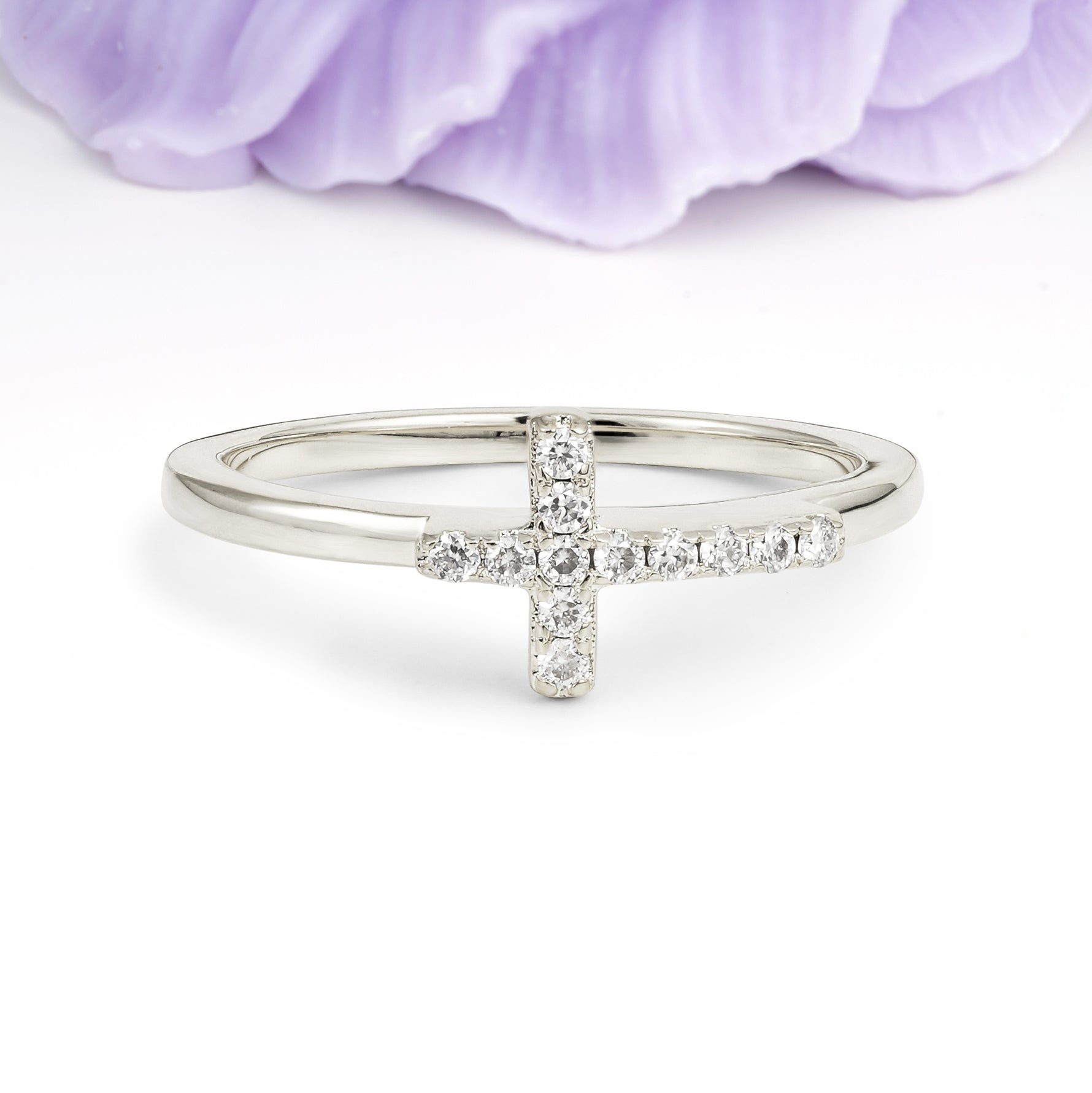 Soft Minimal Full Pave Christian Cross Faith Moissanite Wedding Ring - Additional view