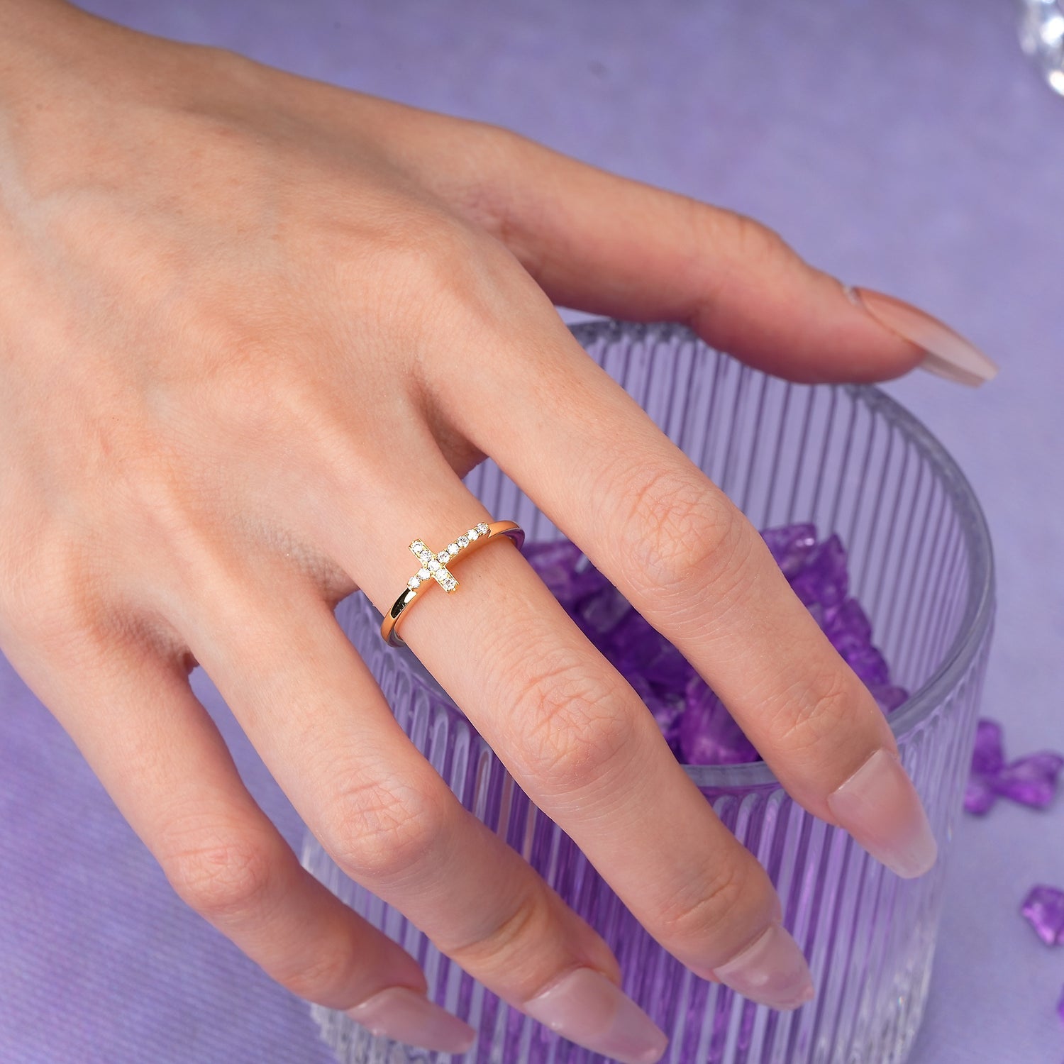 Soft Minimal Full Pave Christian Cross Faith Moissanite Wedding Ring