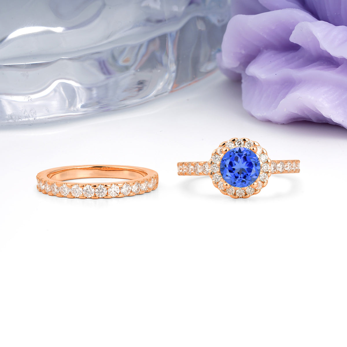 Classic, Luxurious 4-Prong Round Cut Sapphire Bridal Ring Set - Additional view