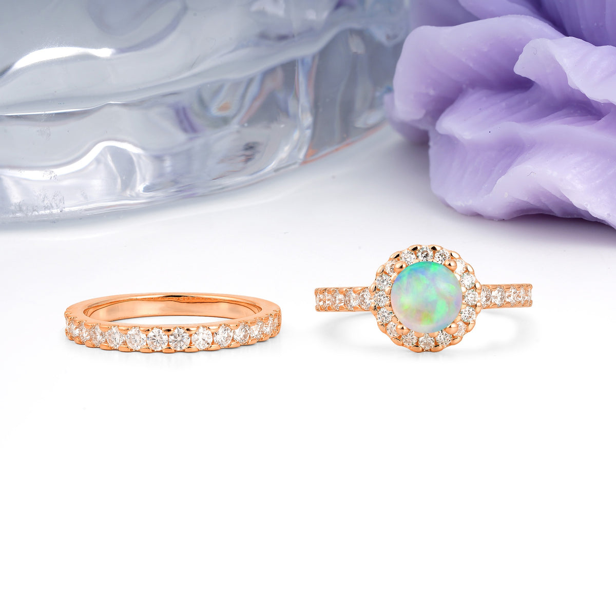 Classic, Luxurious 4-Prong Round Cut Fire Opal Bridal Ring Set - Additional view