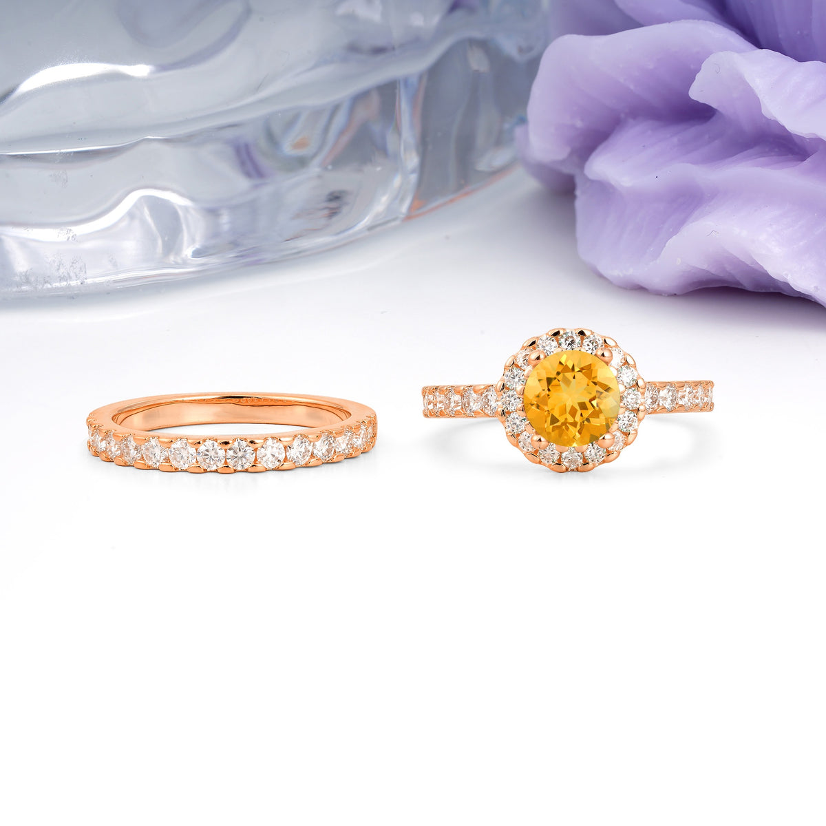 Classic, Luxurious 4-Prong Round Cut Citrine Bridal Ring Set - Additional view