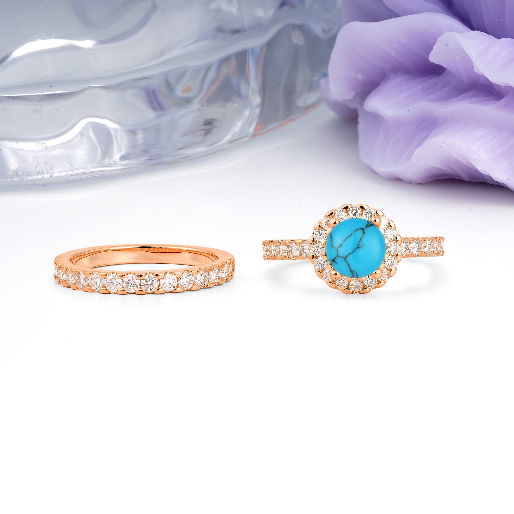 Classic, Luxurious 4-Prong Round Cut Turquoise Bridal Ring Set - Additional view
