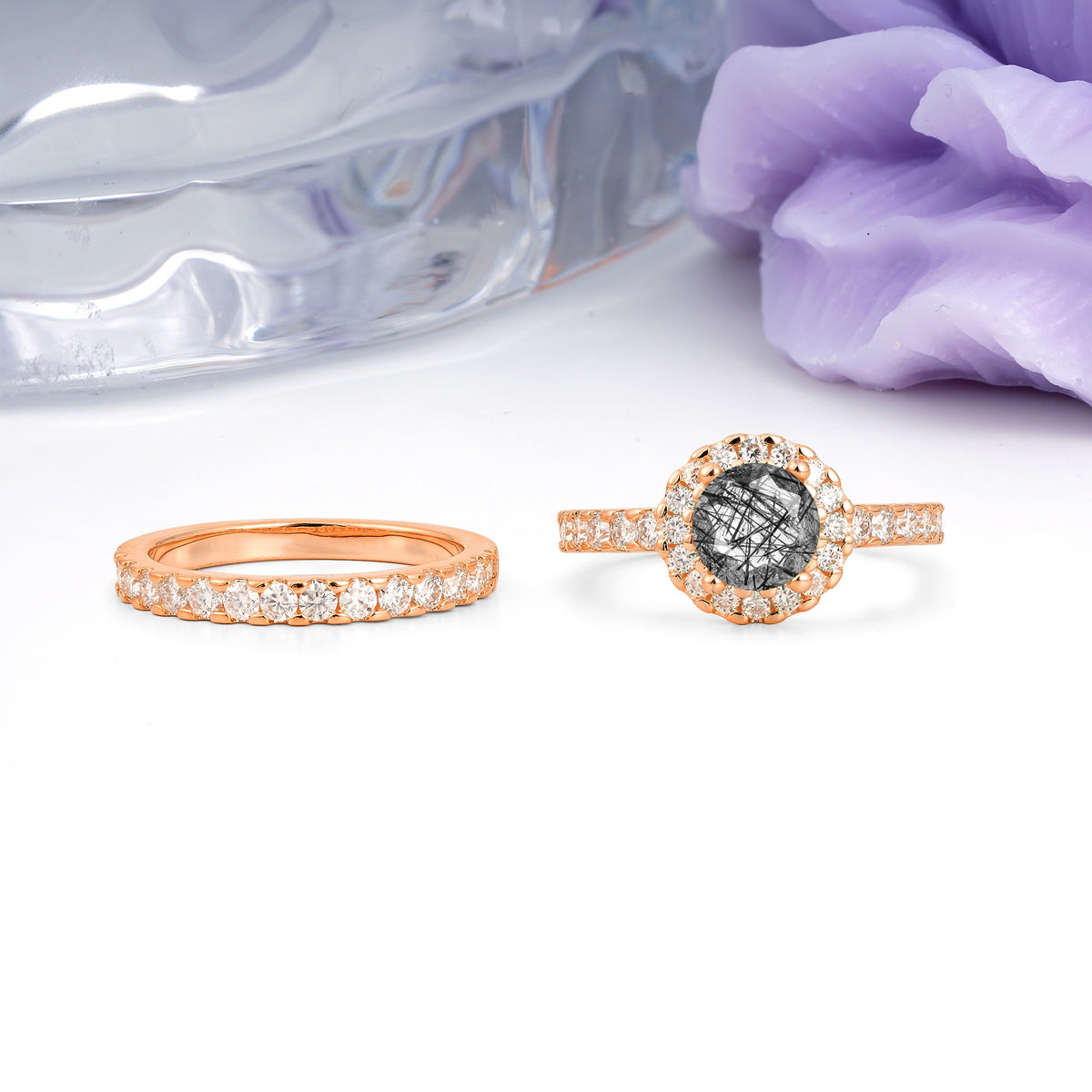 Classic, Luxurious 4-Prong Round Cut Black Rutilated Quartz Bridal Ring Set - Additional view