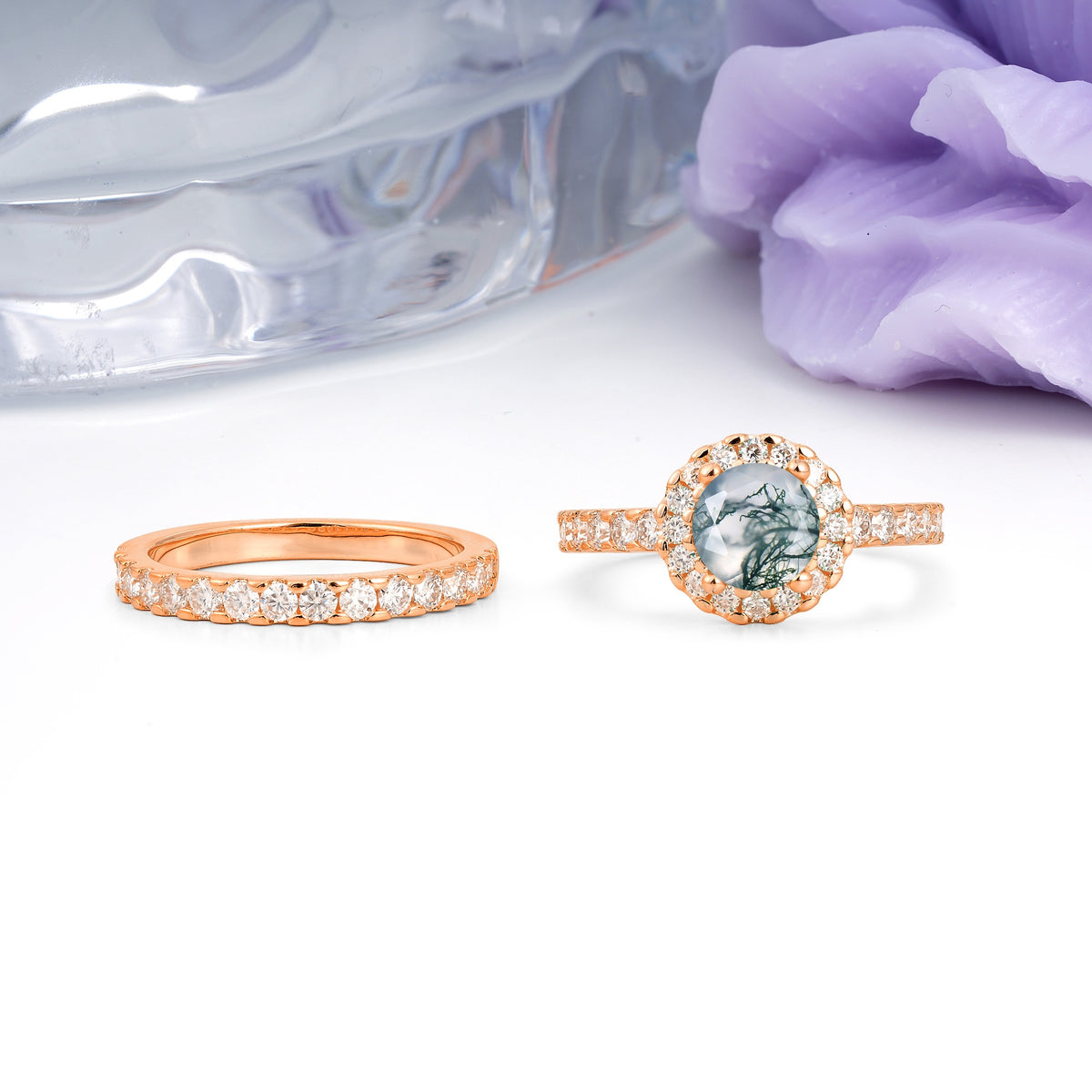 Classic, Luxurious 4-Prong Round Cut Moss Agate Bridal Ring Set - Additional view