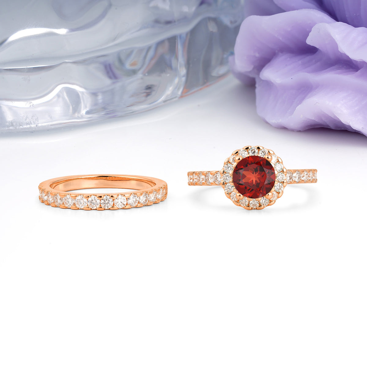 Classic, Luxurious 4-Prong Round Cut Garnet Bridal Ring Set - Additional view