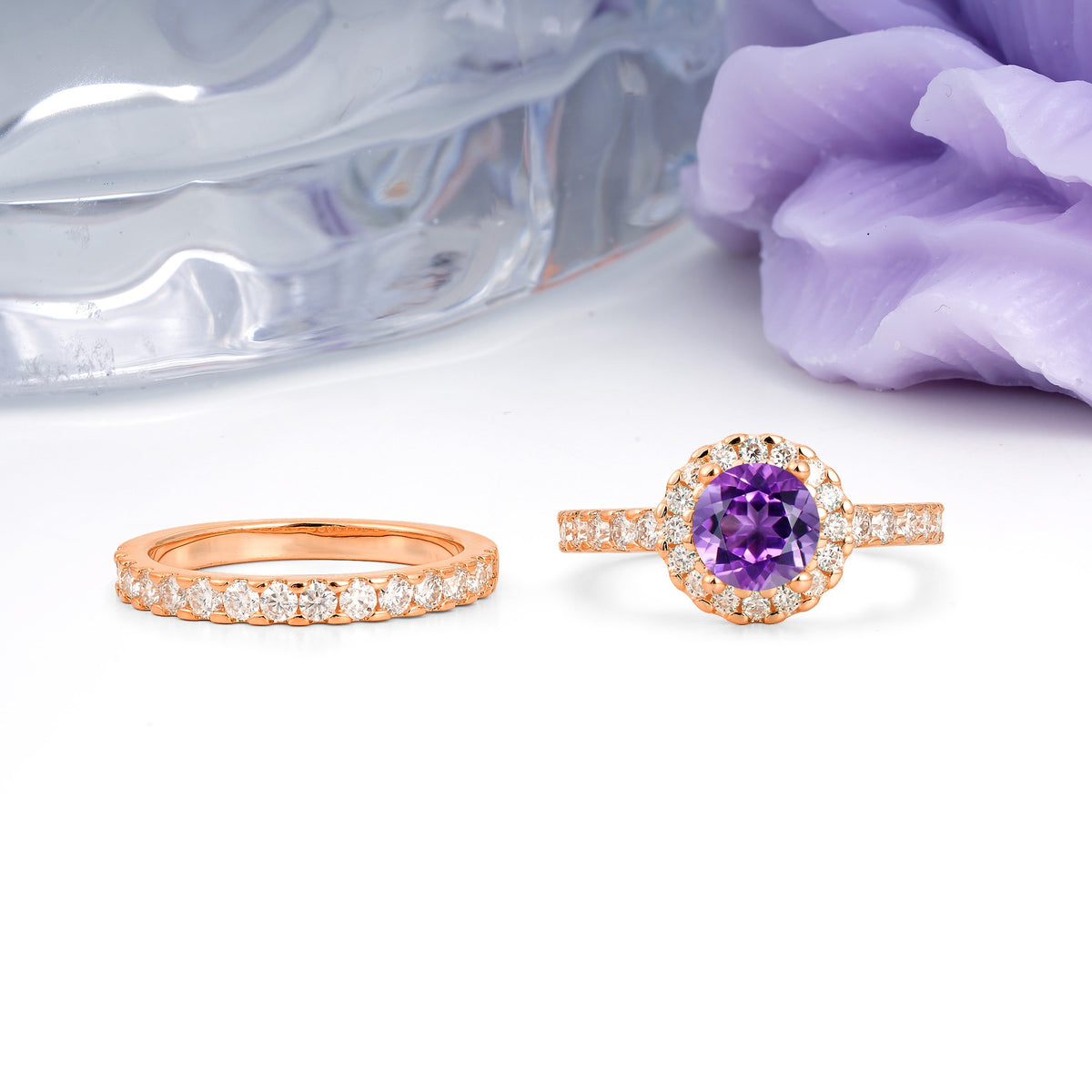 Classic, Luxurious 4-Prong Round Cut Amethyst Bridal Ring Set - Additional view