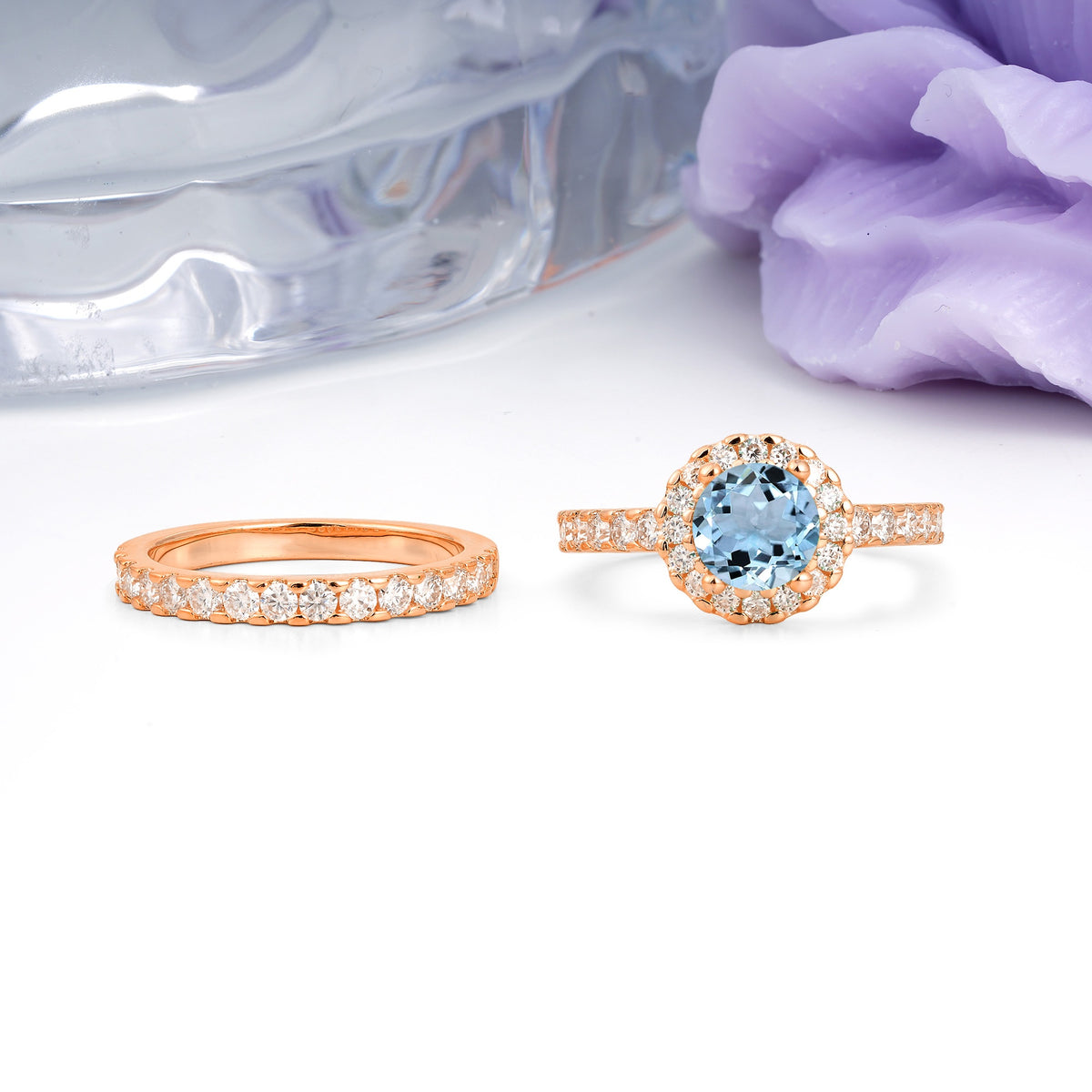 Classic, Luxurious 4-Prong Round Cut Aquamarine Bridal Ring Set - Additional view
