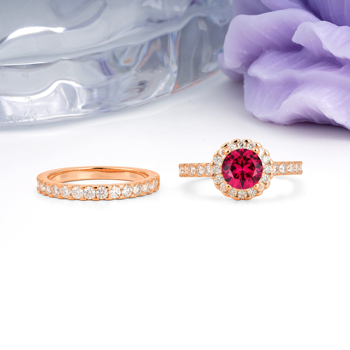 Classic, Luxurious 4-Prong Round Cut Ruby Bridal Ring Set - Additional view