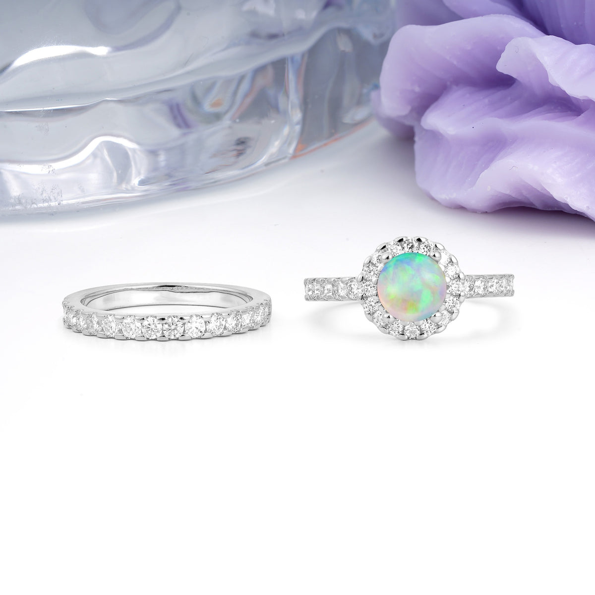 Classic, Luxurious 4-Prong Round Cut Fire Opal Bridal Ring Set - Additional view
