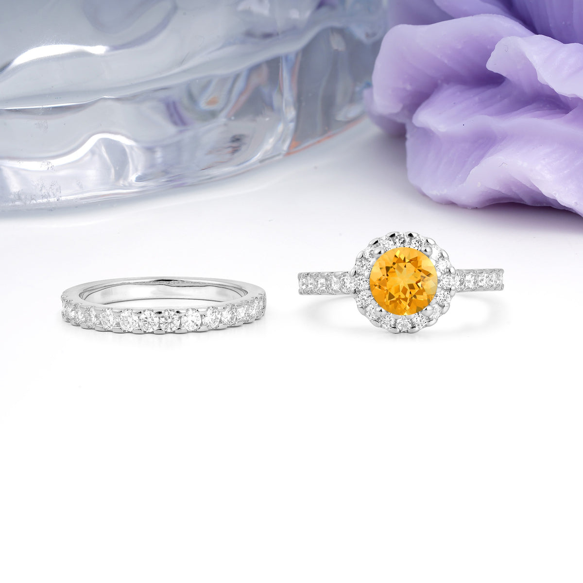 Classic, Luxurious 4-Prong Round Cut Citrine Bridal Ring Set - Additional view