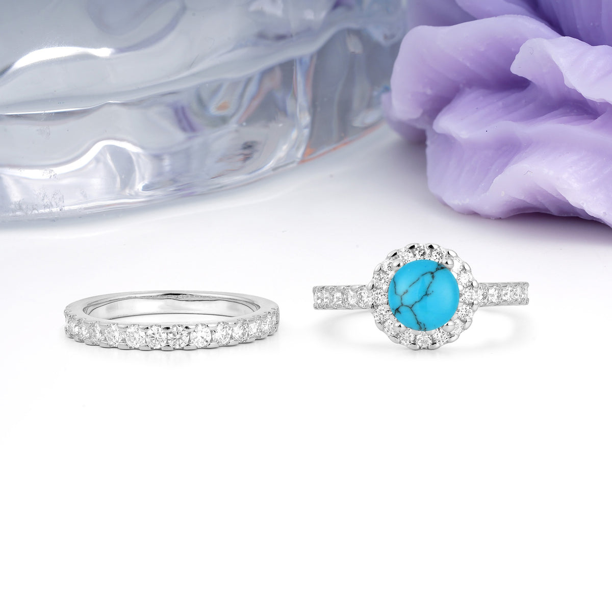 Classic, Luxurious 4-Prong Round Cut Turquoise Bridal Ring Set - Additional view