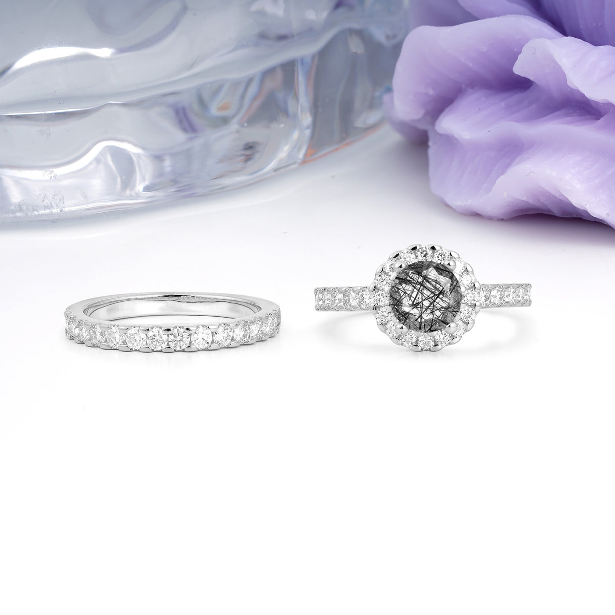 Classic, Luxurious 4-Prong Round Cut Black Rutilated Quartz Bridal Ring Set - Additional view