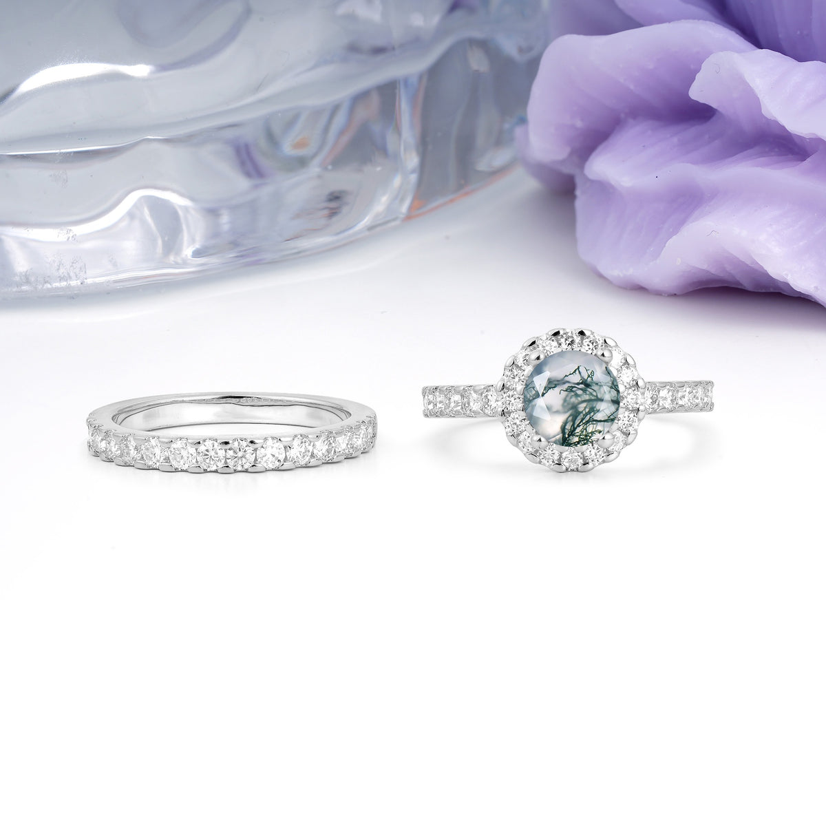 Classic, Luxurious 4-Prong Round Cut Moss Agate Bridal Ring Set - Additional view