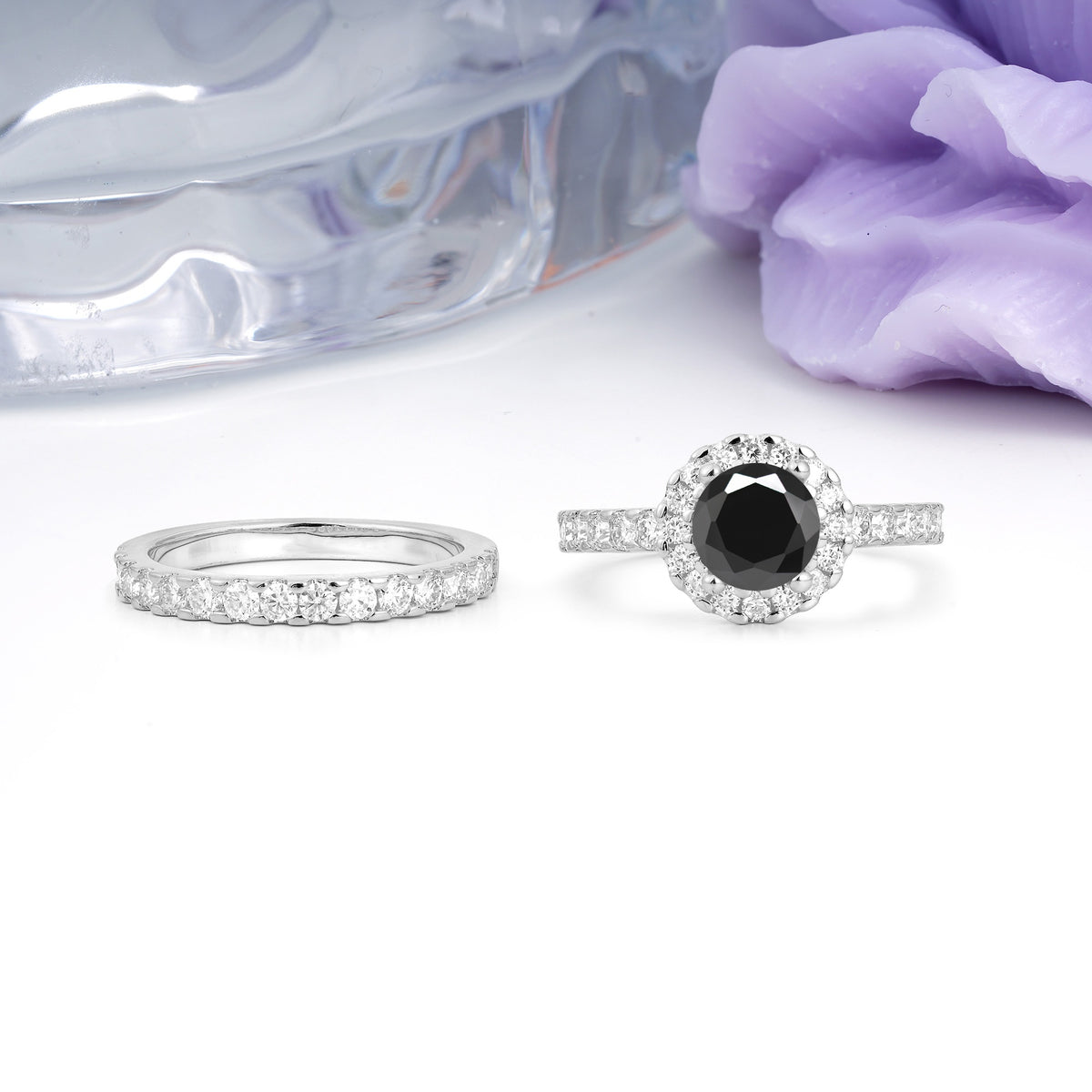 Classic, Luxurious 4-Prong Round Cut Black Onyx Bridal Ring Set - Additional view
