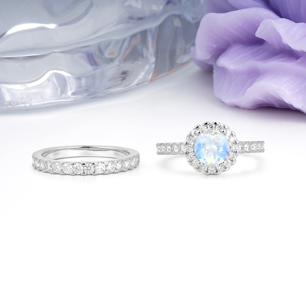 Classic, Luxurious 4-Prong Round Cut Moonstone Bridal Ring Set - Additional view