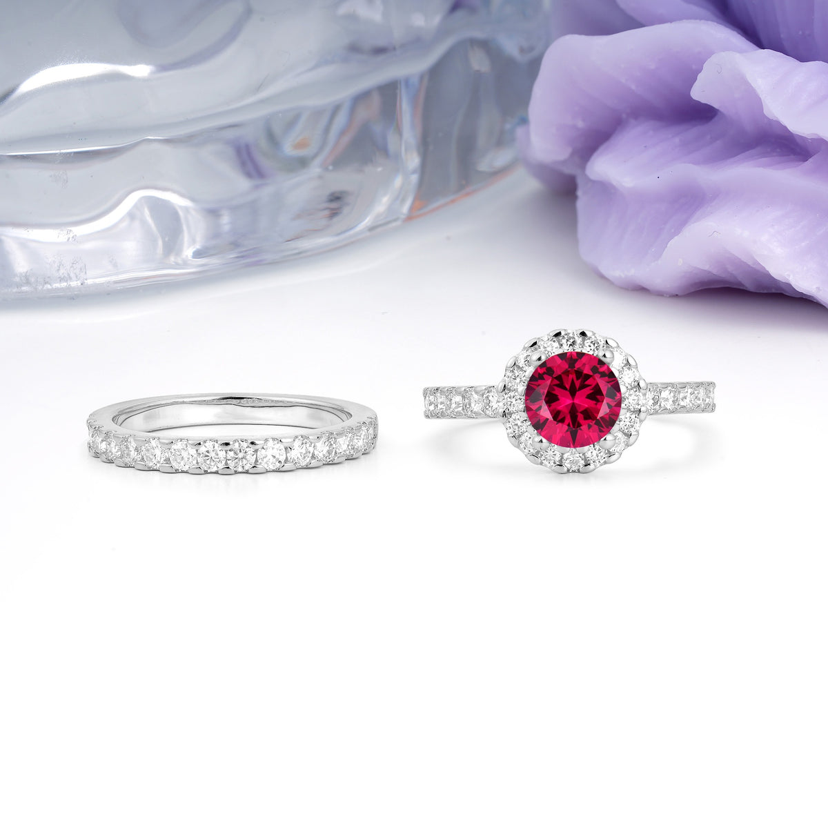 Classic, Luxurious 4-Prong Round Cut Ruby Bridal Ring Set - Additional view