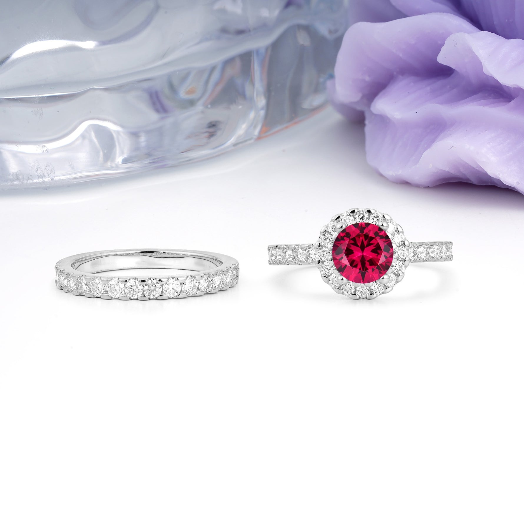 Classic, Luxurious 4-Prong Round Cut Ruby Bridal Ring Set - Additional view