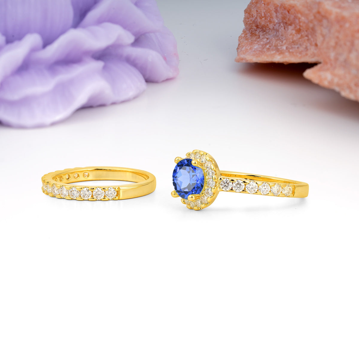 Classic, Luxurious 4-Prong Round Cut Sapphire Bridal Ring Set - Additional view