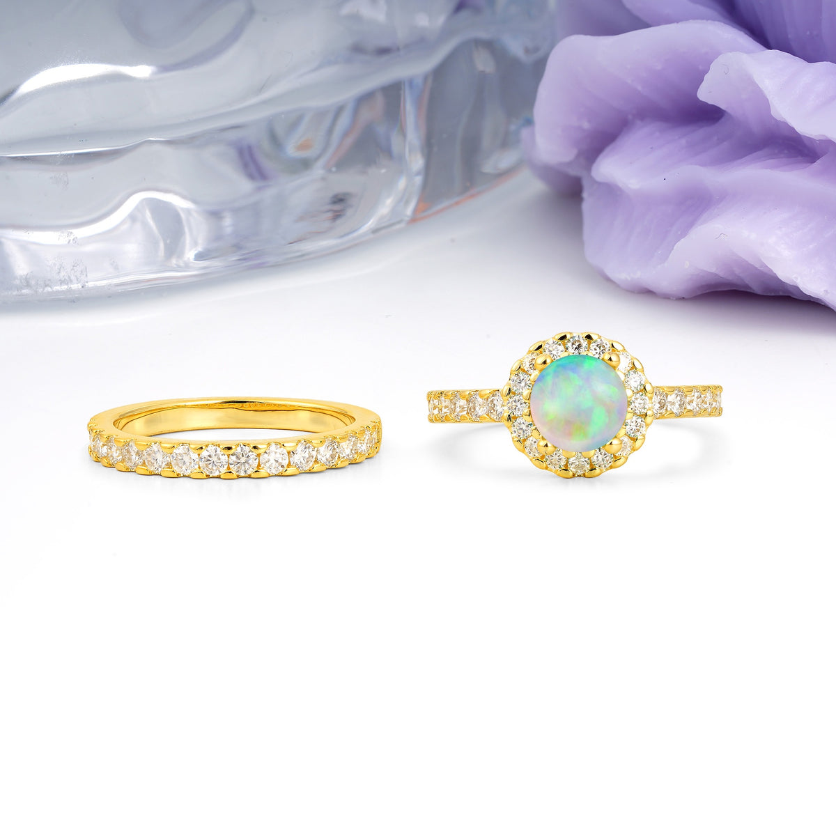 Classic, Luxurious 4-Prong Round Cut Fire Opal Bridal Ring Set - Additional view