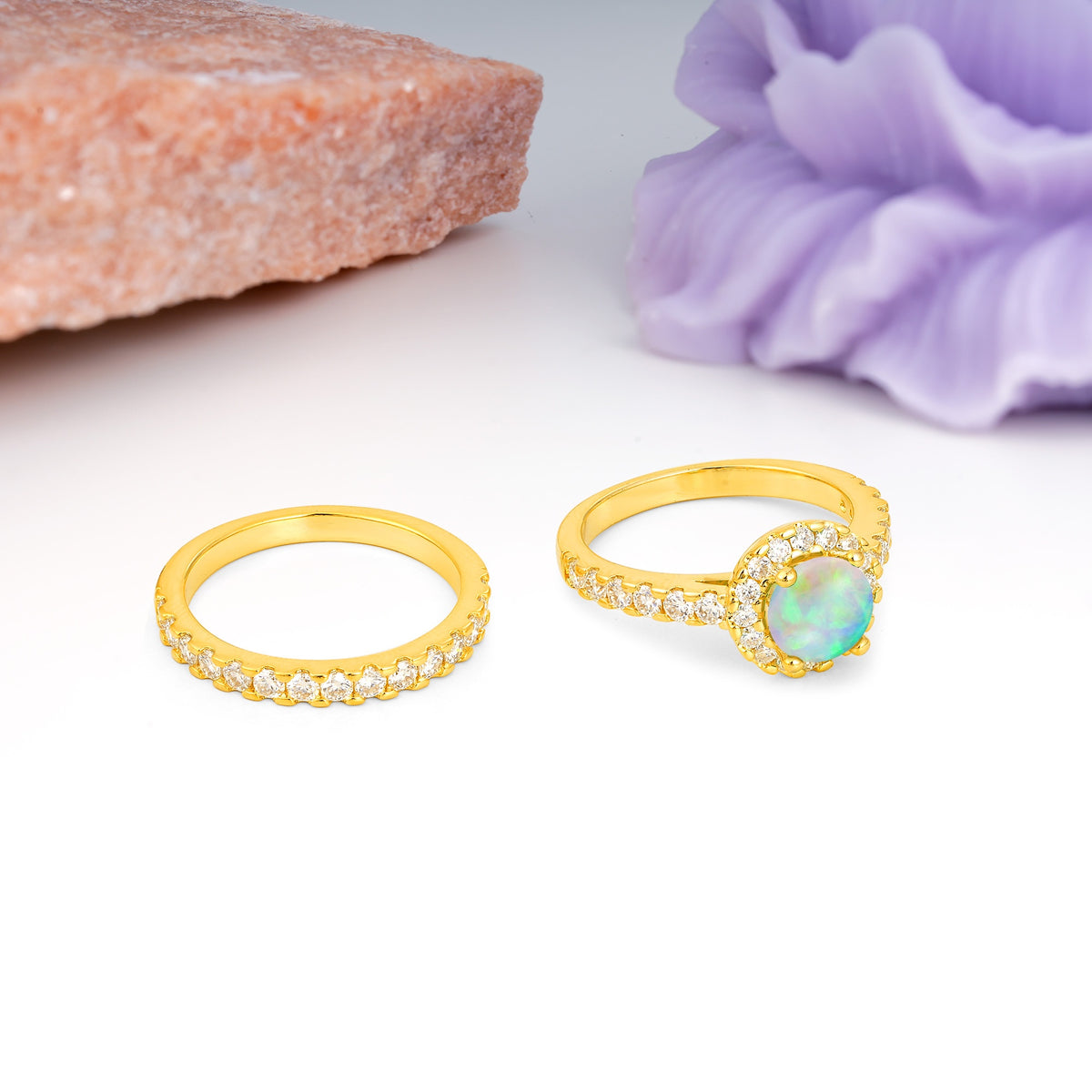 Classic, Luxurious 4-Prong Round Cut Fire Opal Bridal Ring Set - Additional view