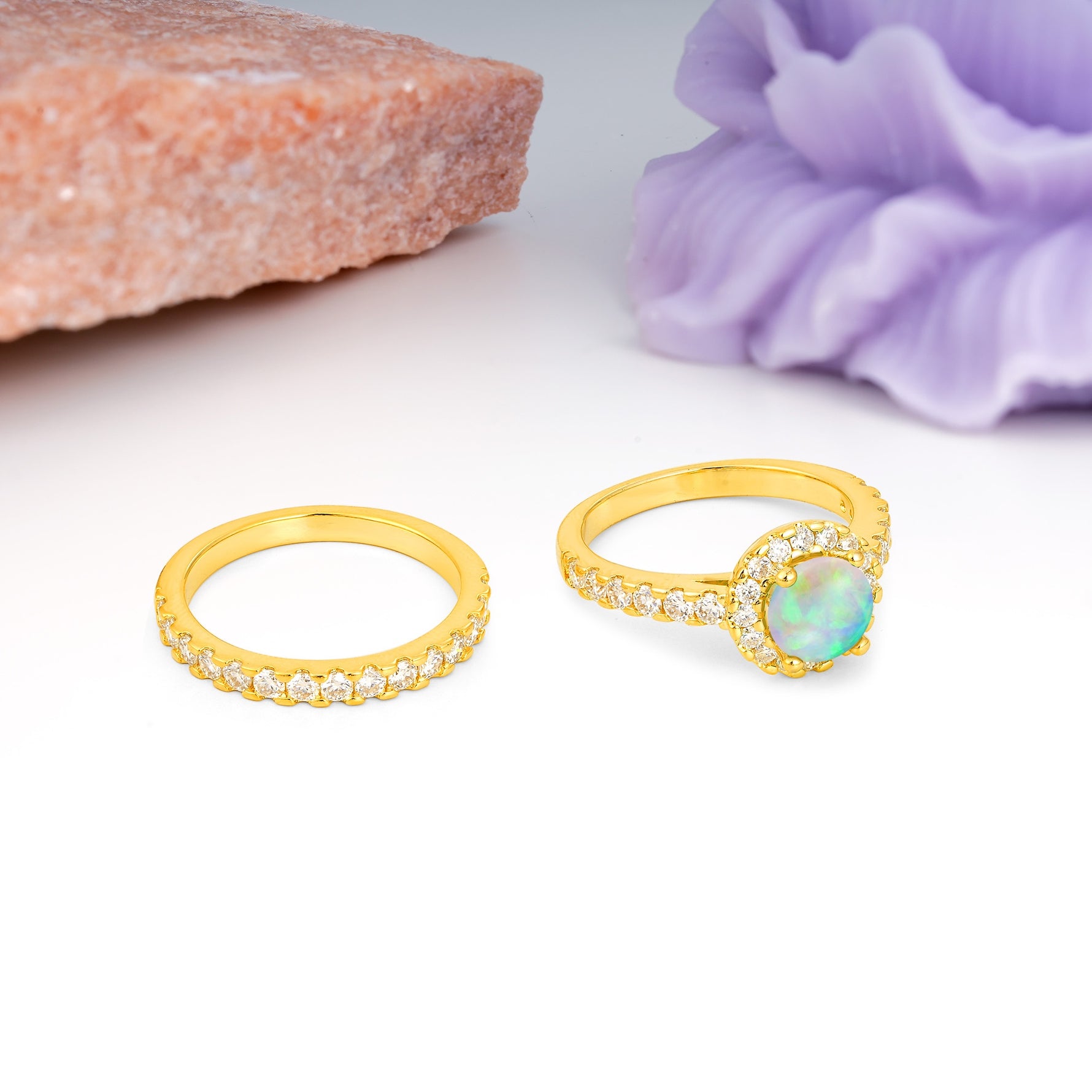 Classic, Luxurious 4-Prong Round Cut Fire Opal Bridal Ring Set - Additional view