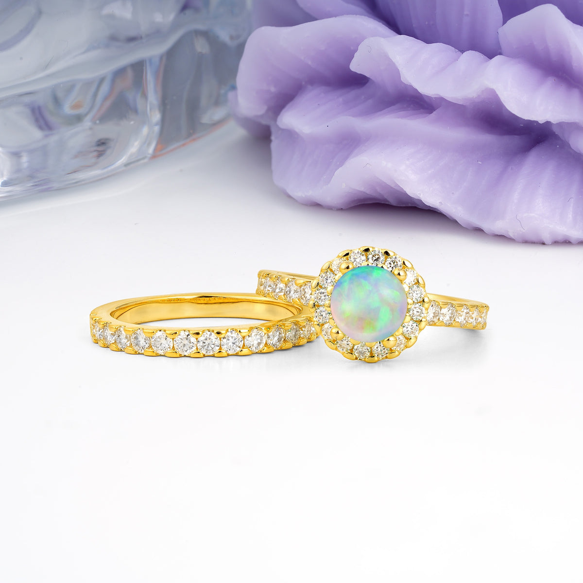 Classic, Luxurious 4-Prong Round Cut Fire Opal Bridal Ring Set - Additional view