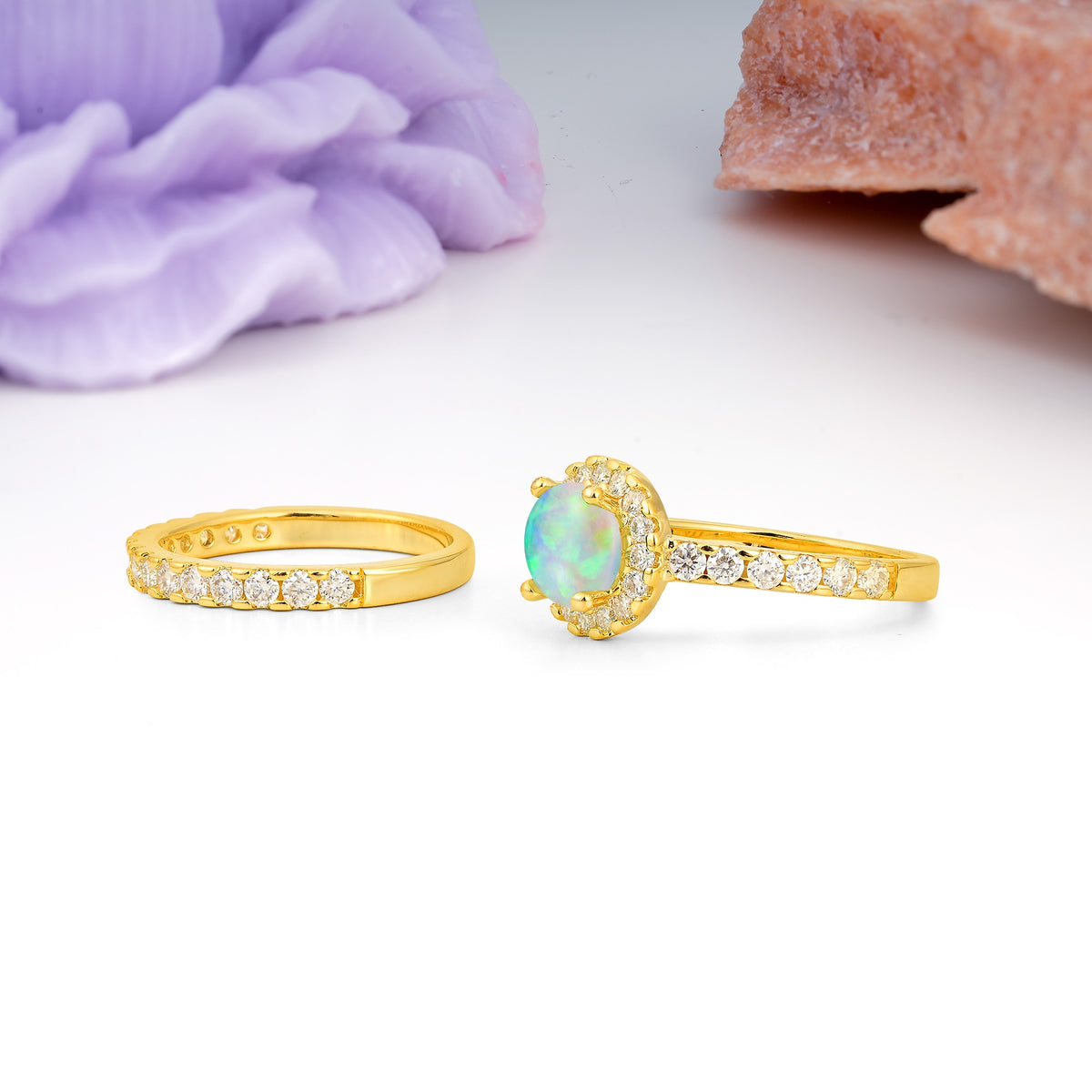 Classic, Luxurious 4-Prong Round Cut Fire Opal Bridal Ring Set - Additional view