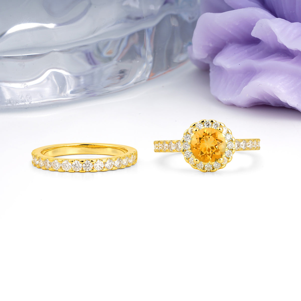 Classic, Luxurious 4-Prong Round Cut Citrine Bridal Ring Set - Additional view