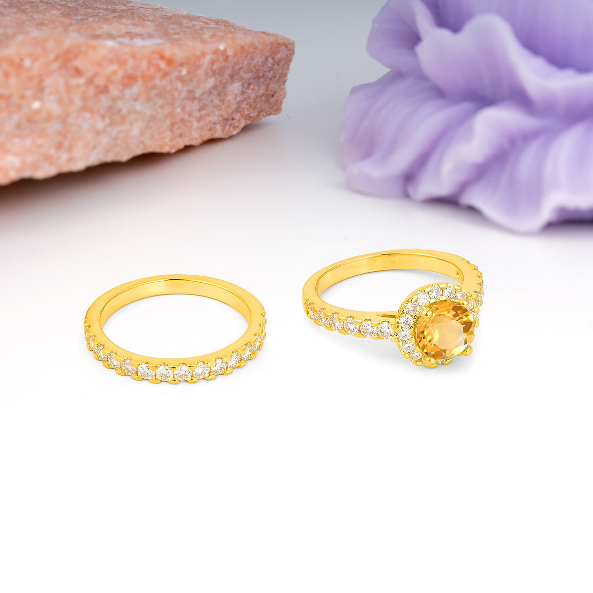 Classic, Luxurious 4-Prong Round Cut Citrine Bridal Ring Set - Additional view