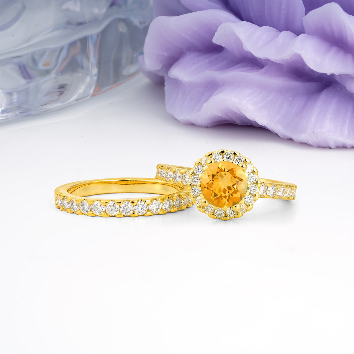 Classic, Luxurious 4-Prong Round Cut Citrine Bridal Ring Set - Additional view