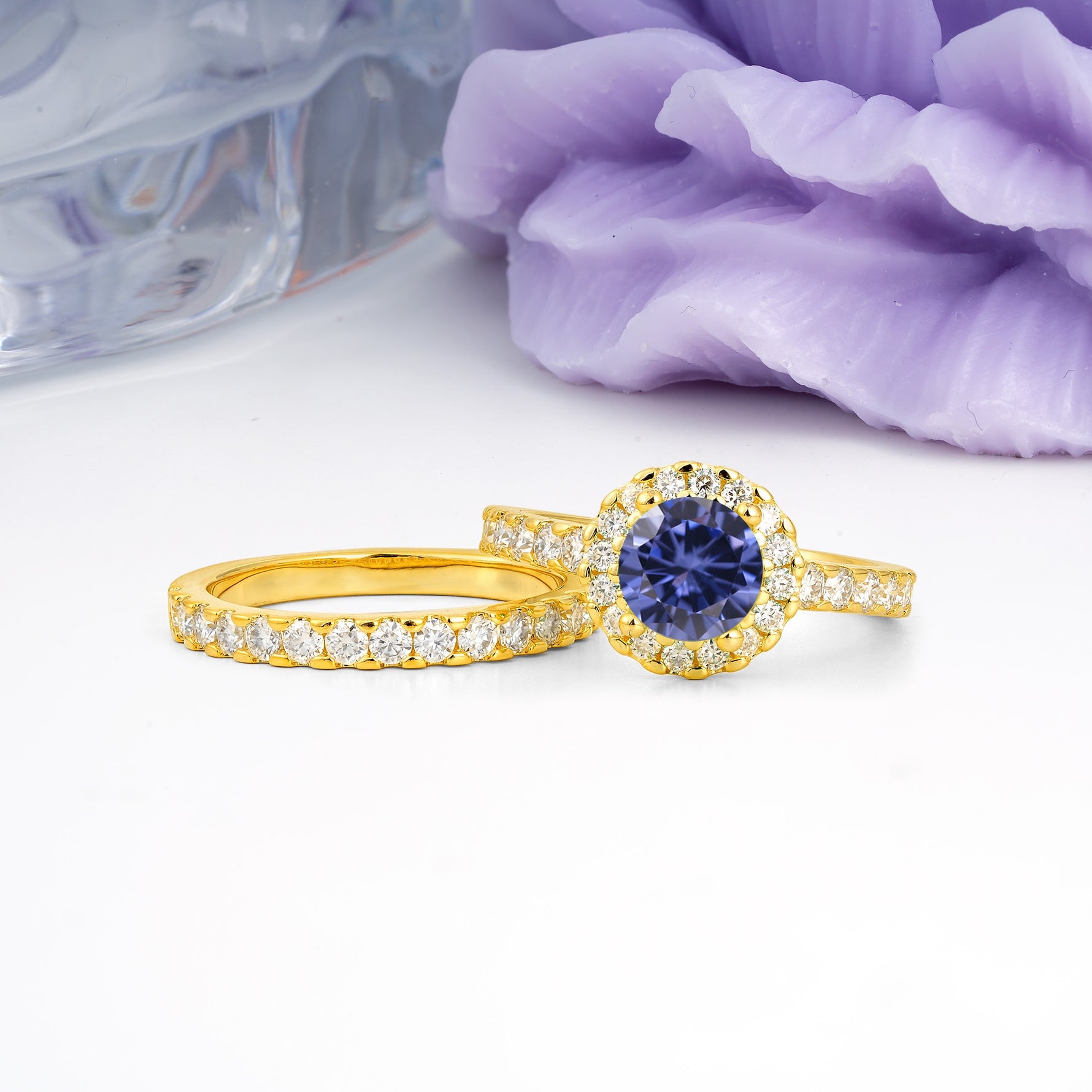Classic, Luxurious 4-Prong Round Cut Tanzanite Bridal Ring Set - Additional view
