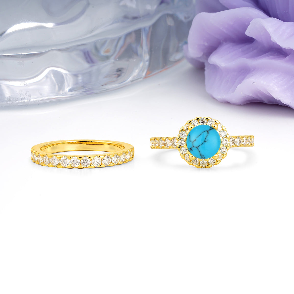 Classic, Luxurious 4-Prong Round Cut Turquoise Bridal Ring Set - Additional view